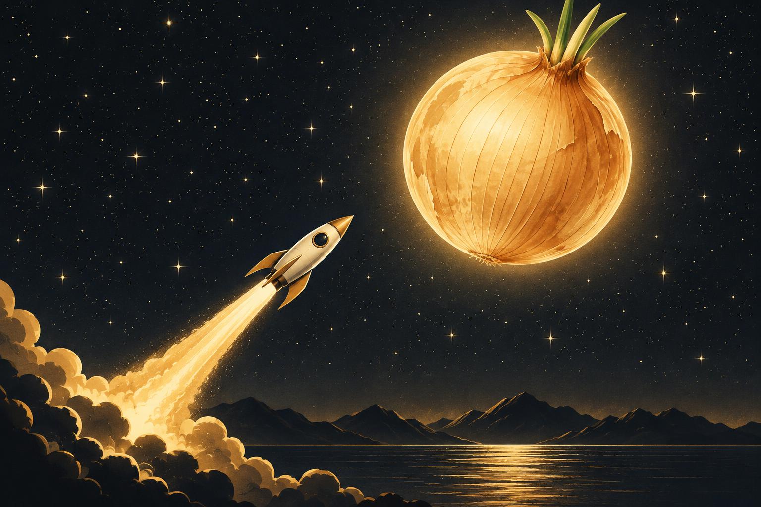 A rocket ship flying toward a moon shaped like a golden onion